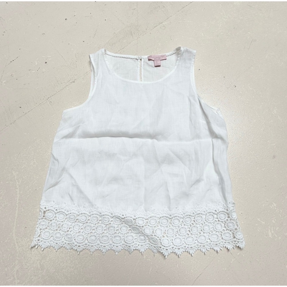 Saint Tropez West White 100% Linen Sleeveless Crochet Lace Hem Blouse Small